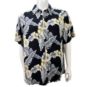Vintage‎ Hawaiian Shirt XL Haggar Tropical Floral Aloha Black Luau Party Cruise